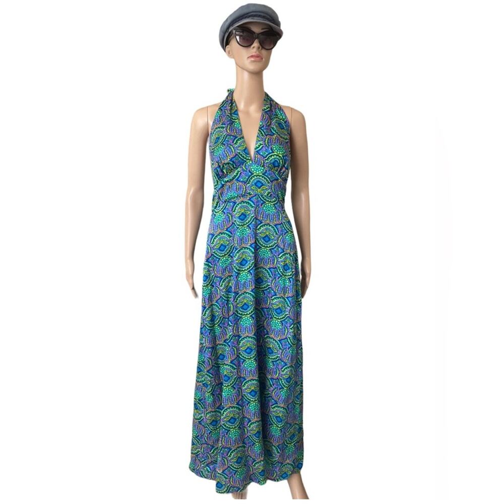 Vintage 70s The Sample Shop Dress Womens 12 Blue Paisley Halter Maxi Hawaiian